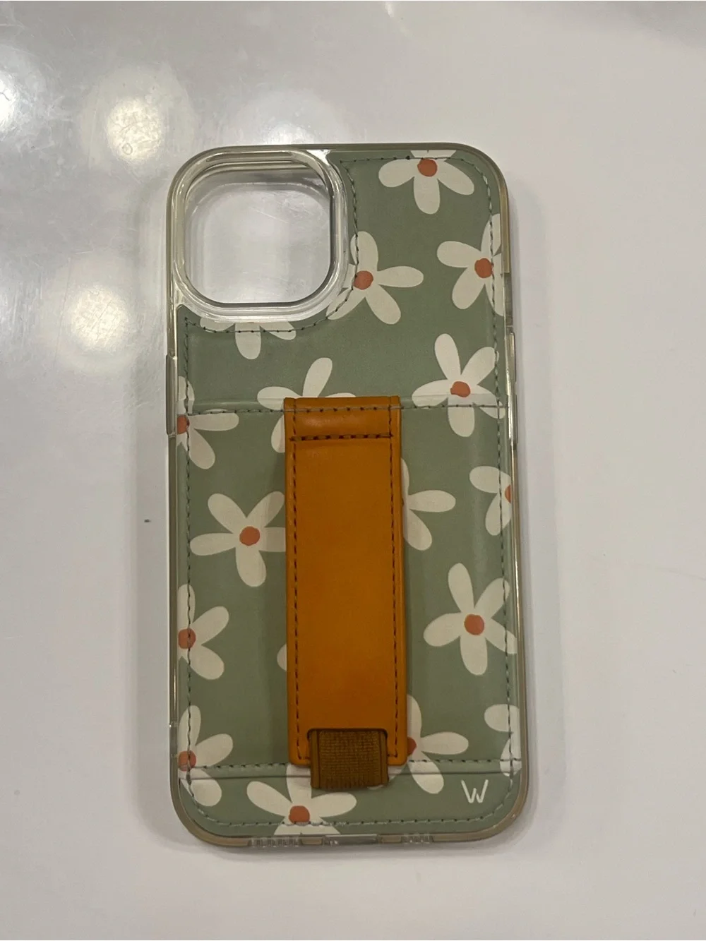 Green Floral Phone Case with Integrated Tan Strap